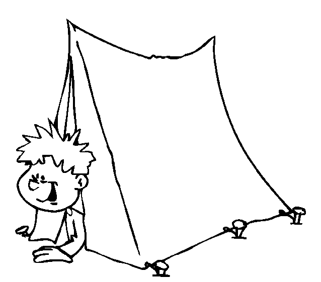 Coloring book boy spends his vacation in a tent